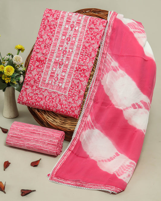 Cotton Printed Neck Work Suits with Chiffon dupatta