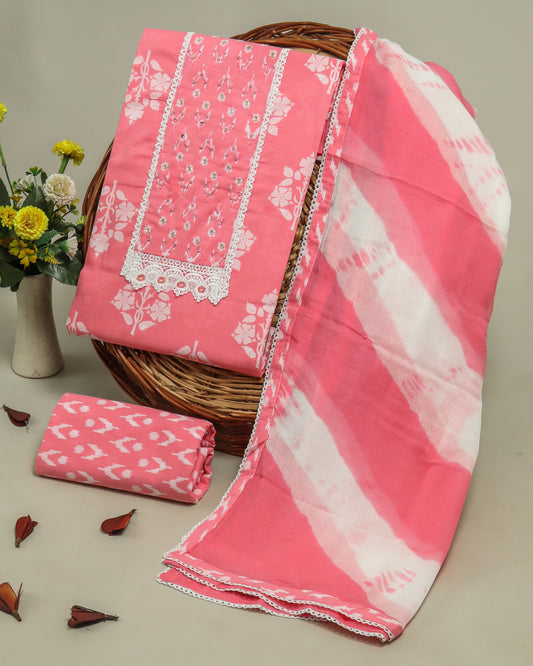 Cotton Printed Neck Work Suits with Chiffon dupatta