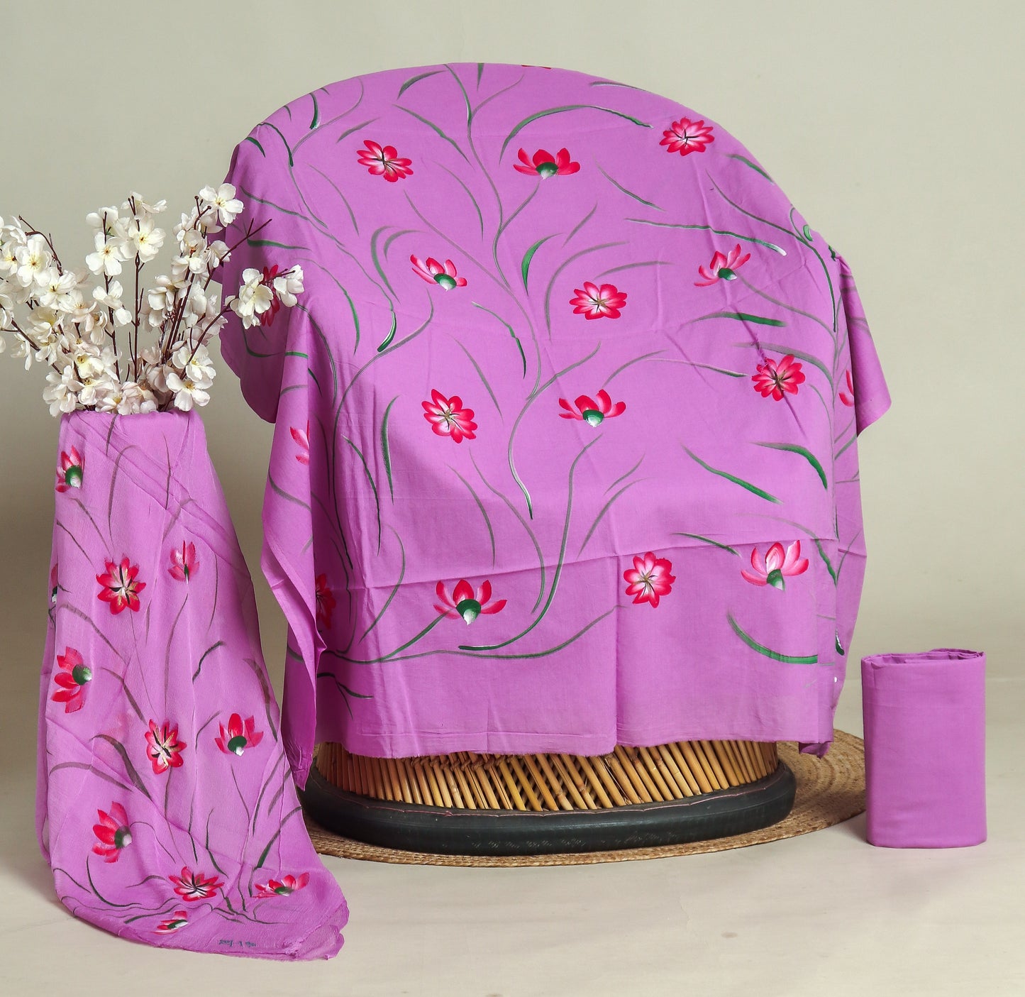 HAND PAINTED COTTON SUIT WITH PURE CHIFFON DUPATTA