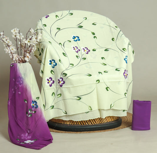 HAND PAINTED COTTON SUIT WITH PURE CHIFFON DUPATTA