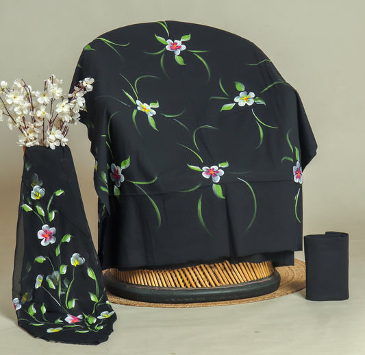 HAND PAINTED COTTON SUIT WITH PURE CHIFFON DUPATTA