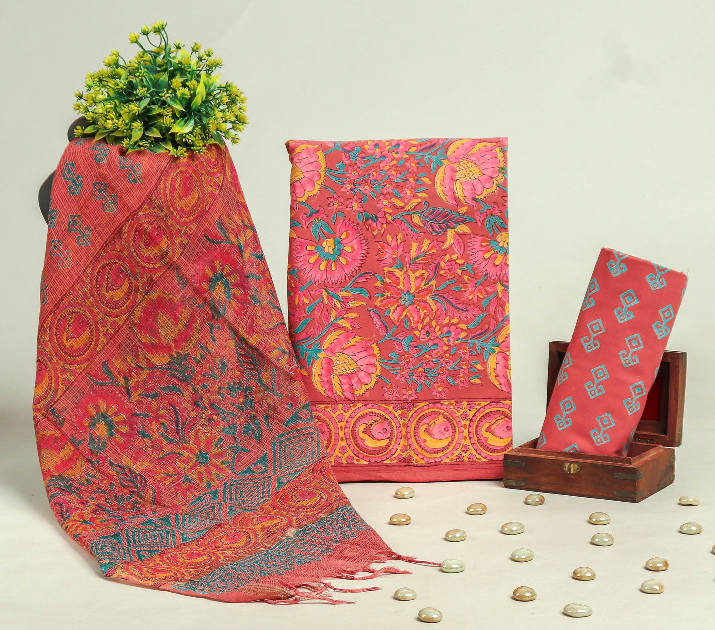 Beautiful Discharge Printed Cotton Suit with Pure Kota Doria Dupatta