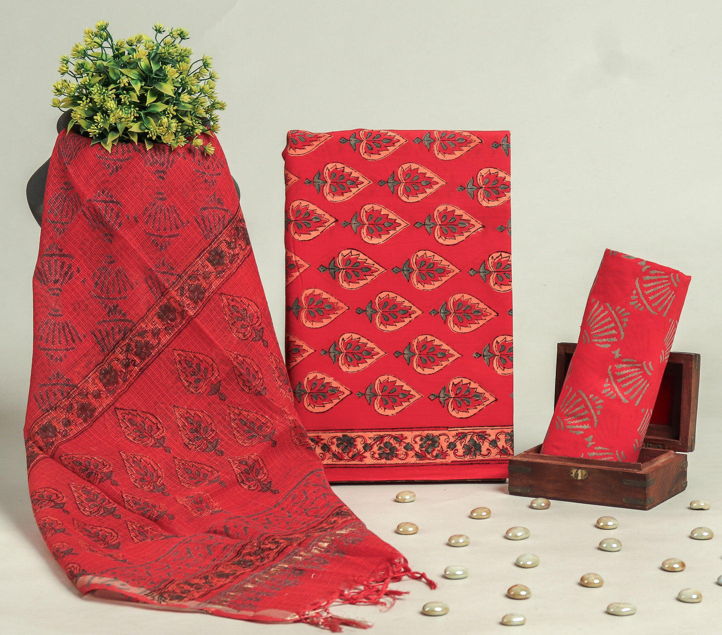 Beautiful Discharge Printed Cotton Suit with Pure Kota Doria Dupatta