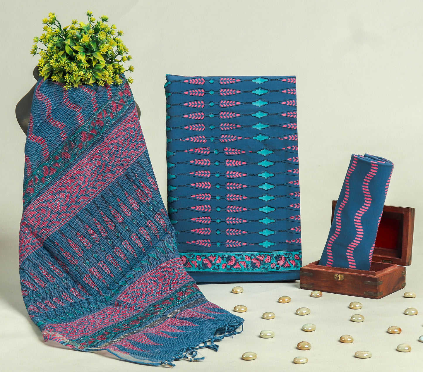 Beautiful Discharge Printed Cotton Suit with Pure Kota Doria Dupatta