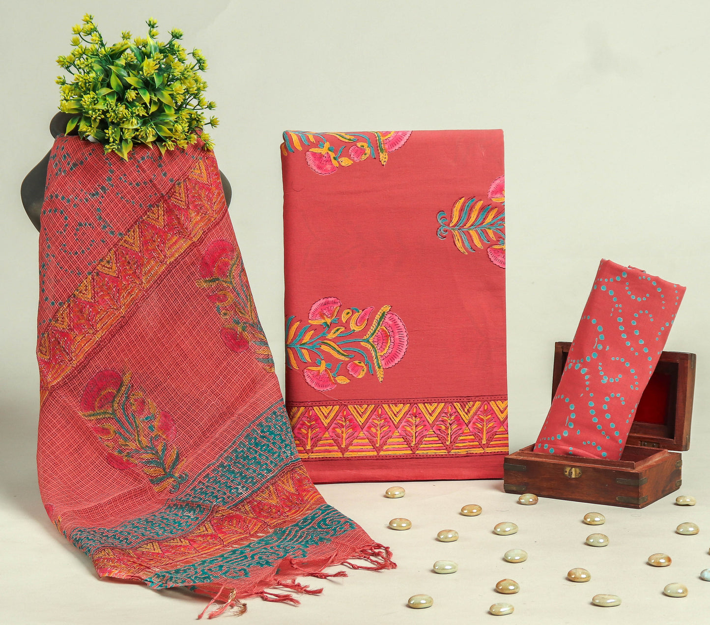 Beautiful Discharge Printed Cotton Suit with Pure Kota Doria Dupatta