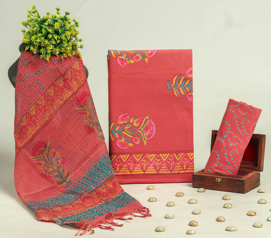 Beautiful Discharge Printed Cotton Suit with Pure Kota Doria Dupatta