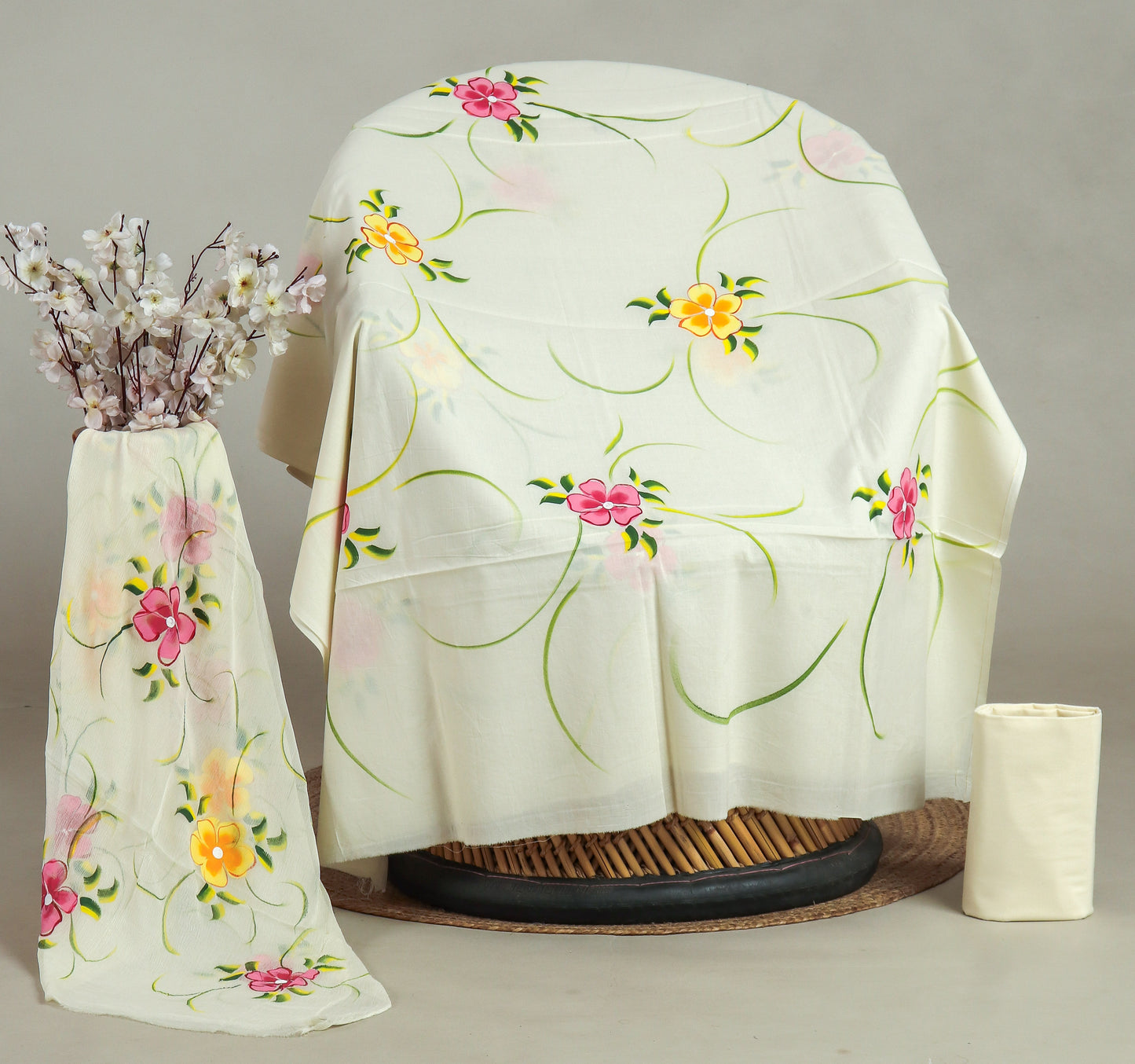HAND PAINTED COTTON SUIT WITH PURE CHIFFON DUPATTA