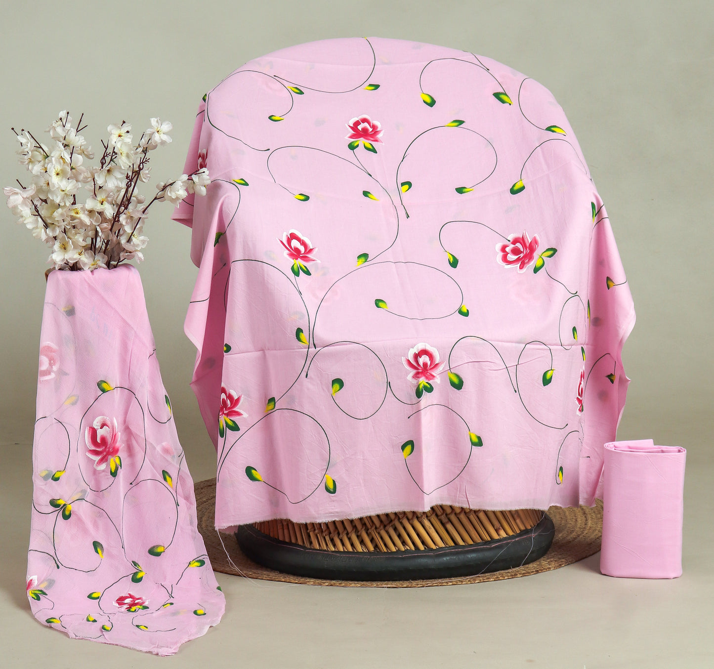 HAND PAINTED COTTON SUIT WITH PURE CHIFFON DUPATTA