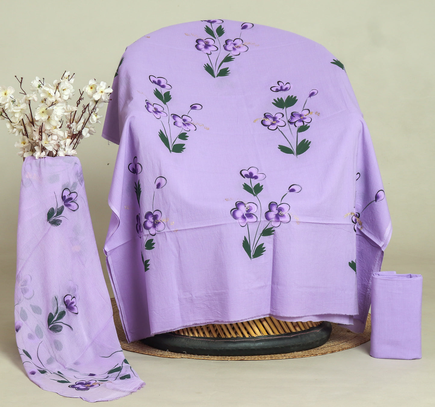 HAND PAINTED COTTON SUIT WITH PURE CHIFFON DUPATTA