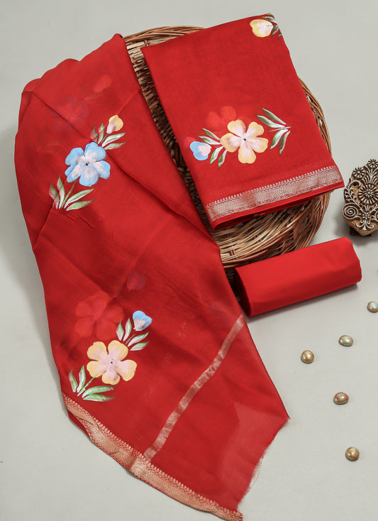 Hand Painted Maheshwari Silk Suit with Maheshwari Silk Dupatta