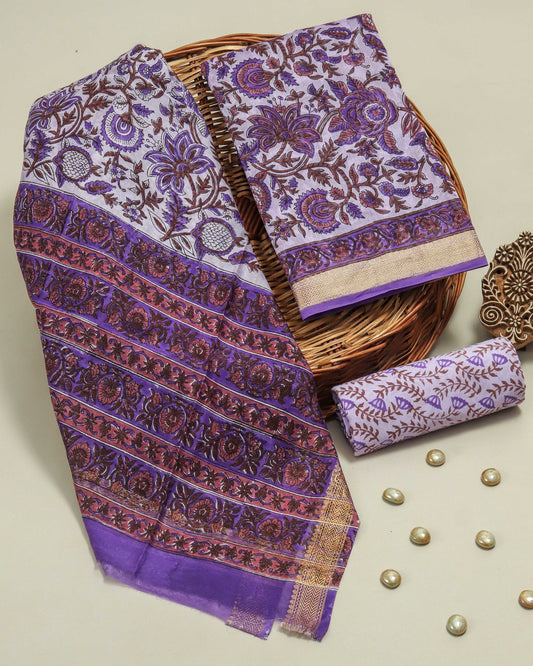 HAND BLOCK Printed Maheshwari Silk Suit with Maheshwari Silk Dupatta
