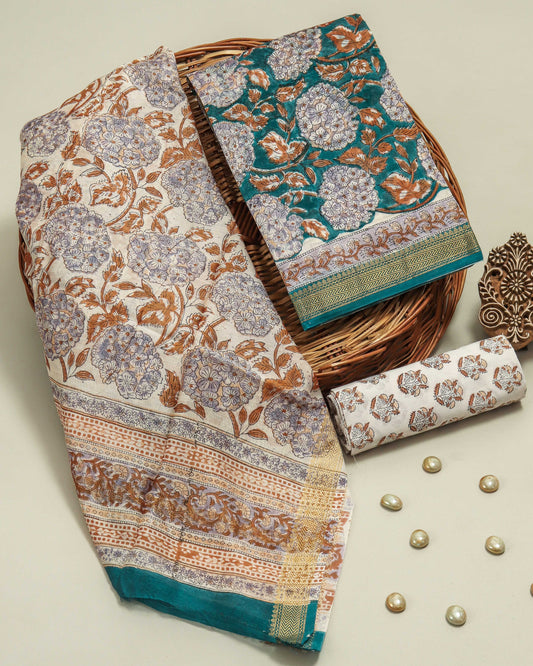 HAND BLOCK Printed Maheshwari Silk Suit with Maheshwari Silk Dupatta