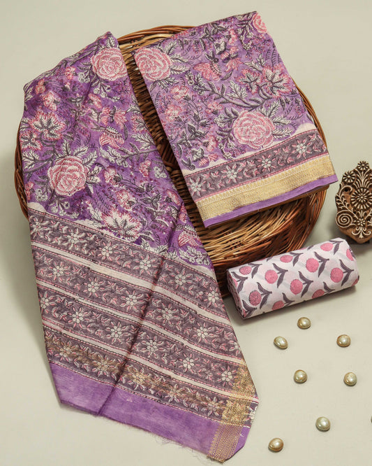 HAND BLOCK Printed Maheshwari Silk Suit with Maheshwari Silk Dupatta