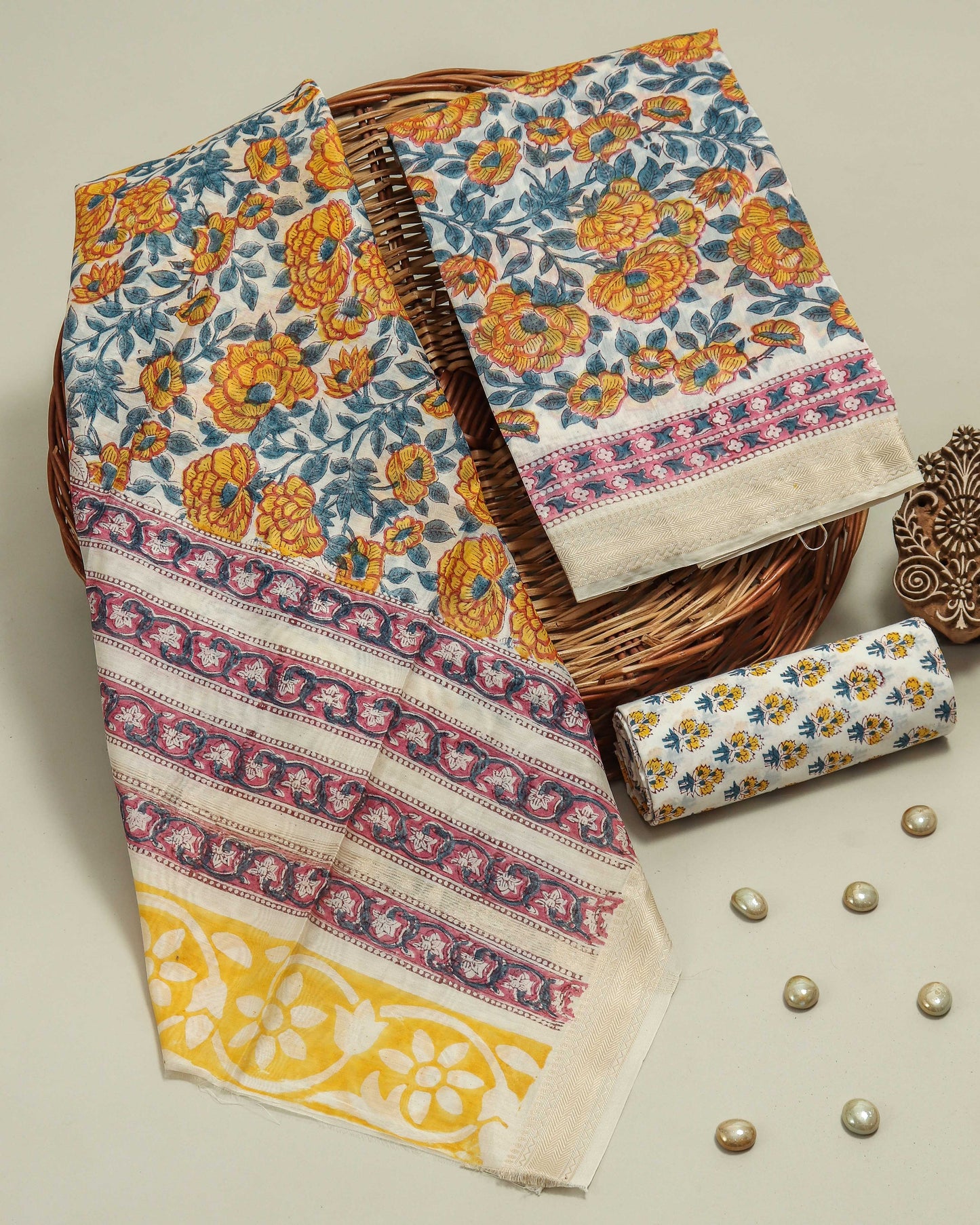 HAND BLOCK Printed Maheshwari Silk Suit with Maheshwari Silk Dupatta