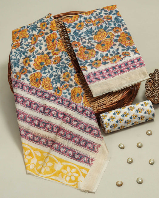 HAND BLOCK Printed Maheshwari Silk Suit with Maheshwari Silk Dupatta
