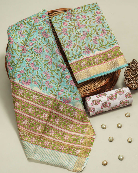 HAND BLOCK Printed Maheshwari Silk Suit with Maheshwari Silk Dupatta
