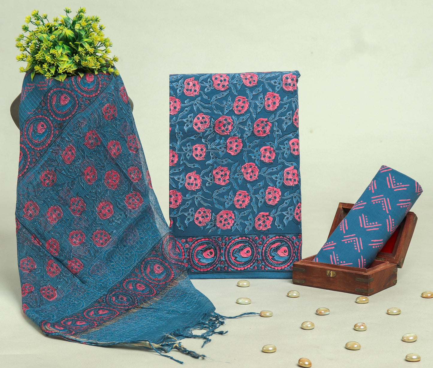 Beautiful Discharge Printed Cotton Suit with Pure Kota Doria Dupatta