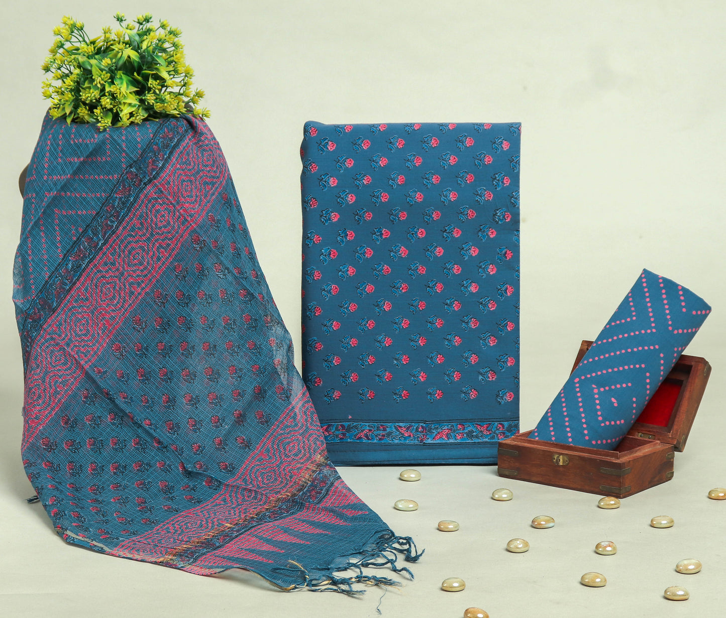 Beautiful Discharge Printed Cotton Suit with Pure Kota Doria Dupatta