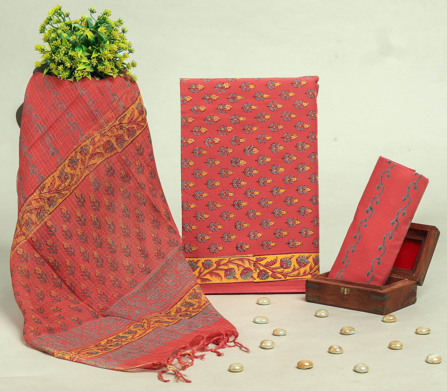 Beautiful Discharge Printed Cotton Suit with Pure Kota Doria Dupatta
