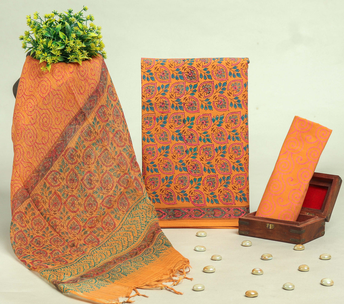 Beautiful Discharge Printed Cotton Suit with Pure Kota Doria Dupatta