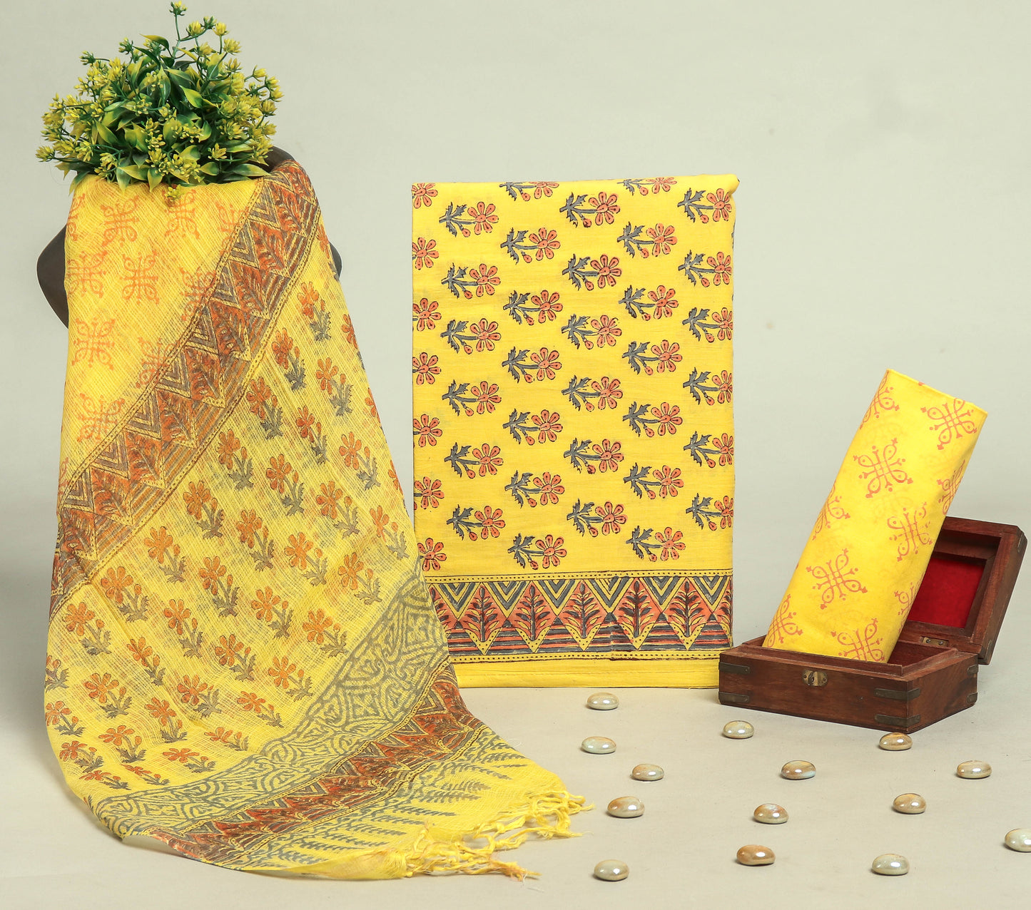 Beautiful Discharge Printed Cotton Suit with Pure Kota Doria Dupatta