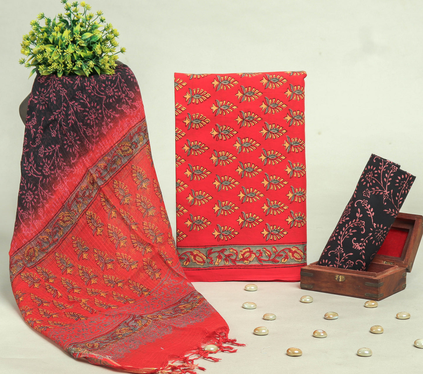 Beautiful Discharge Printed Cotton Suit with Pure Kota Doria Dupatta