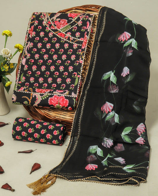 Cotton Printed Neck Work Suits with Chiffon dupatta