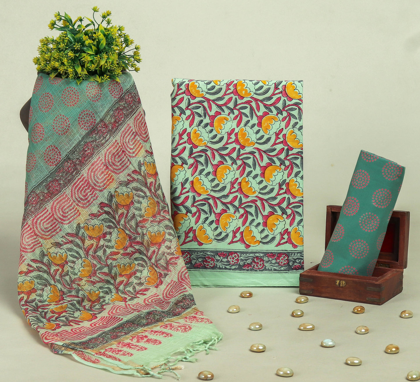 Beautiful Discharge Printed Cotton Suit with Pure Kota Doria Dupatta