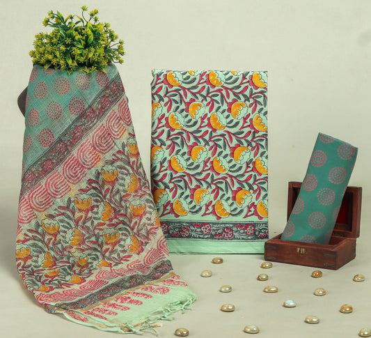 Beautiful Discharge Printed Cotton Suit with Pure Kota Doria Dupatta