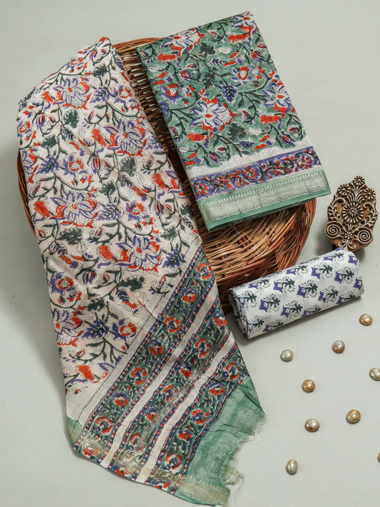 HAND BLOCK Printed Maheshwari Silk Suit with Maheshwari Silk Dupatta