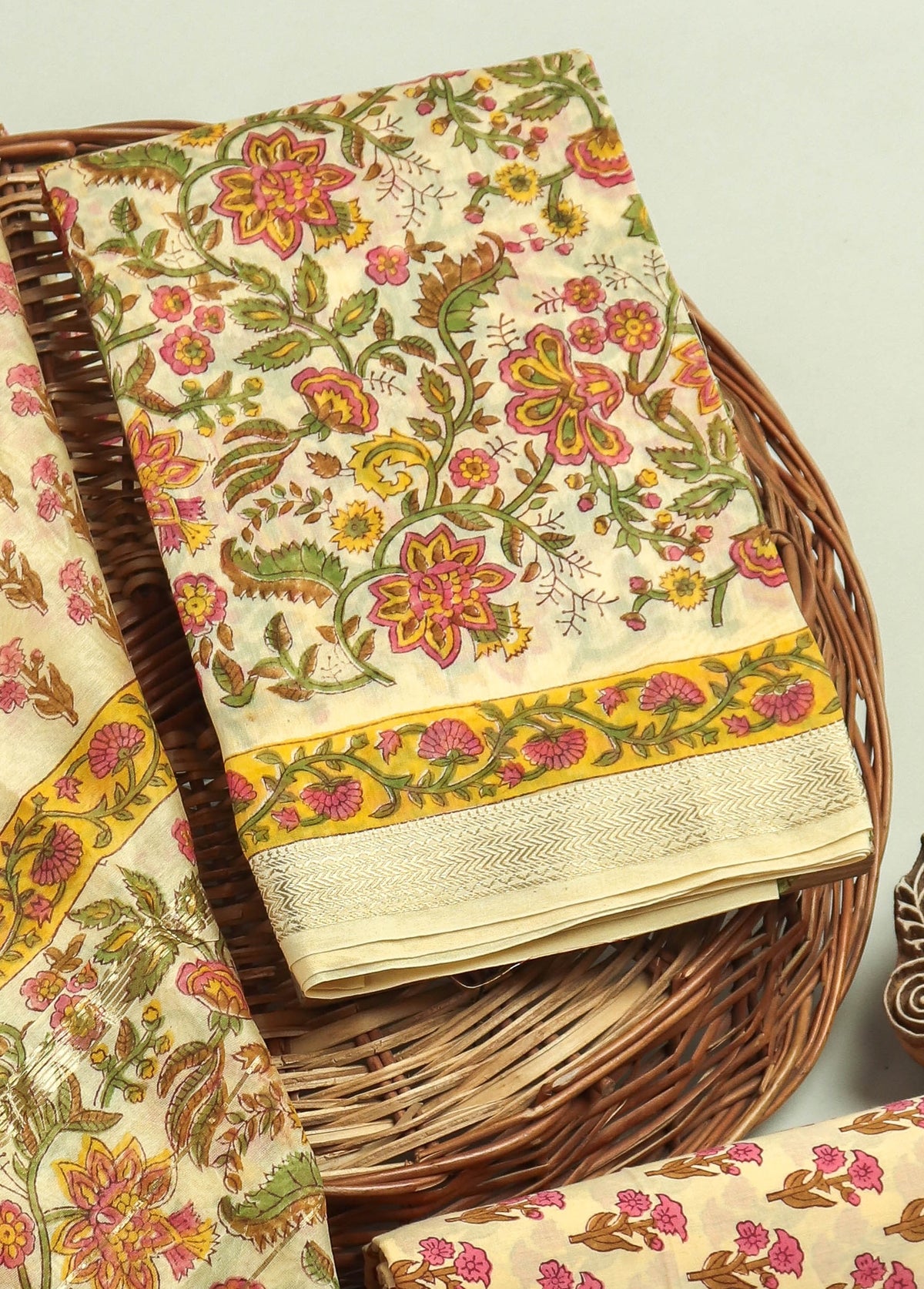 Hand Block Printed Maheshwari Silk Suit with Maheshwari Silk Dupatta