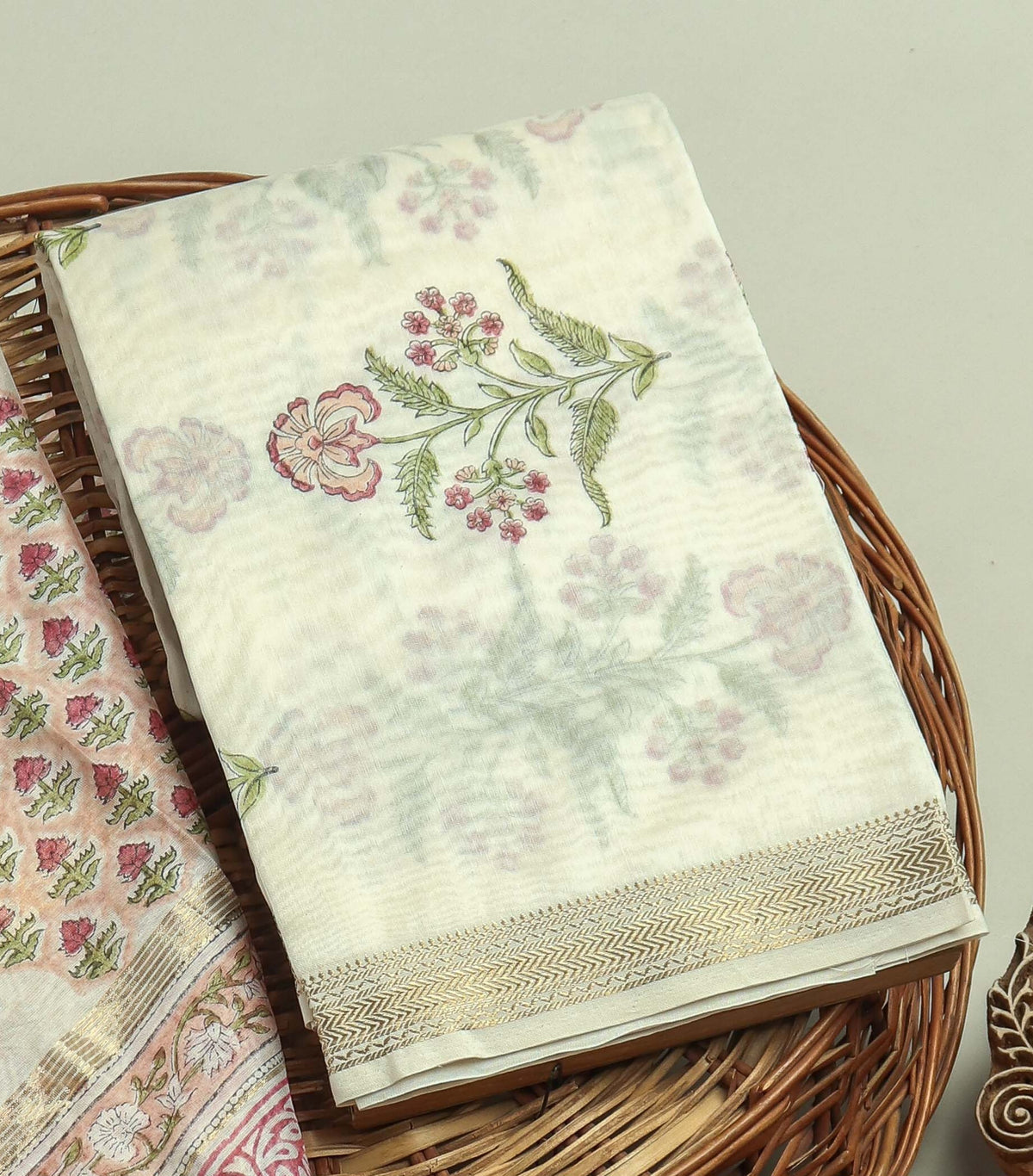 Hand Block Printed Maheshwari Silk Suit with Maheshwari Silk Dupatta