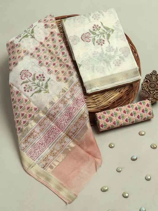 Hand Block Printed Maheshwari Silk Suit with Maheshwari Silk Dupatta