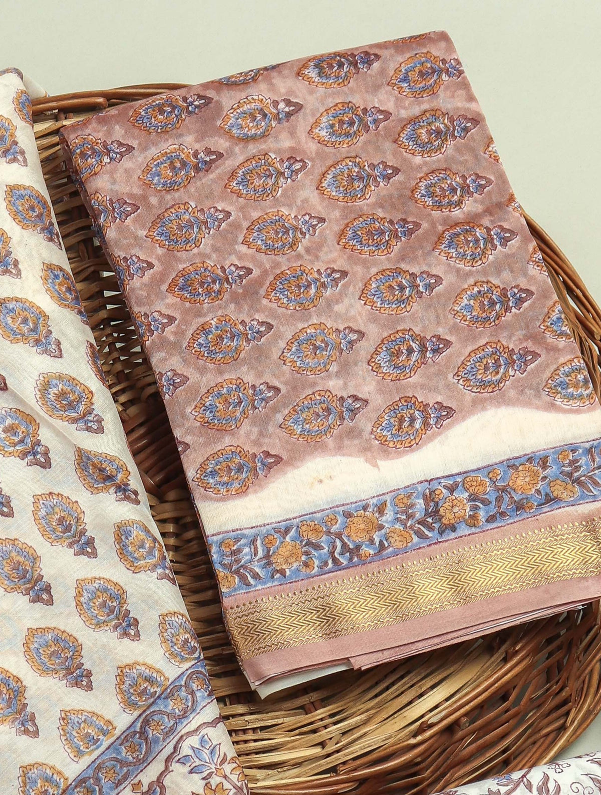 Hand Block Printed Maheshwari Silk Suit with Maheshwari Silk Dupatta