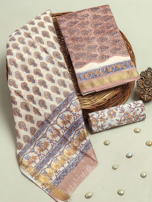 Hand Block Printed Maheshwari Silk Suit with Maheshwari Silk Dupatta