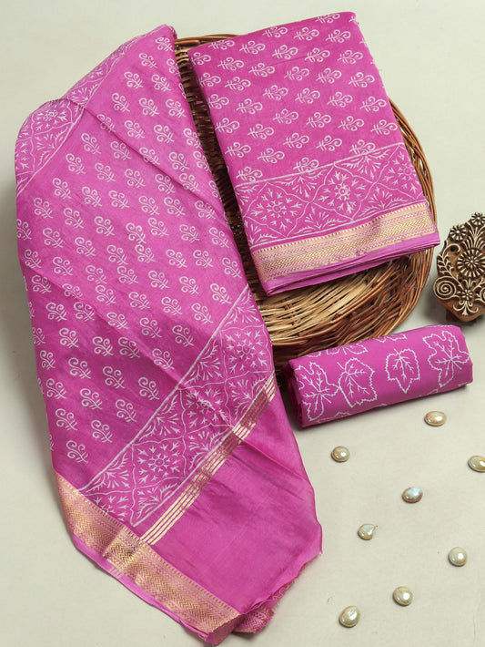 Hand Block Printed Maheshwari Silk Suit with Maheshwari Silk Dupatta