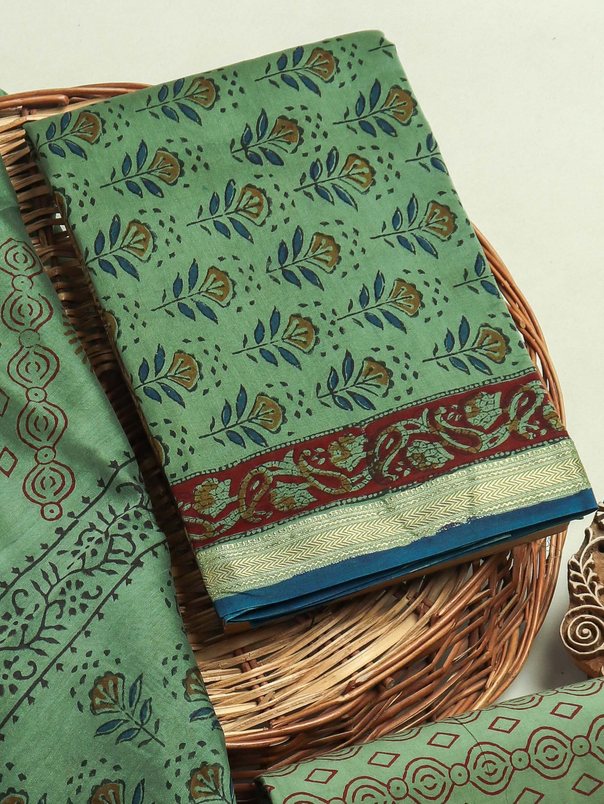 Hand Block Printed Maheshwari Silk Suit with Maheshwari Silk Dupatta