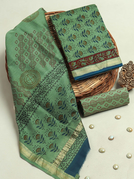 Hand Block Printed Maheshwari Silk Suit with Maheshwari Silk Dupatta