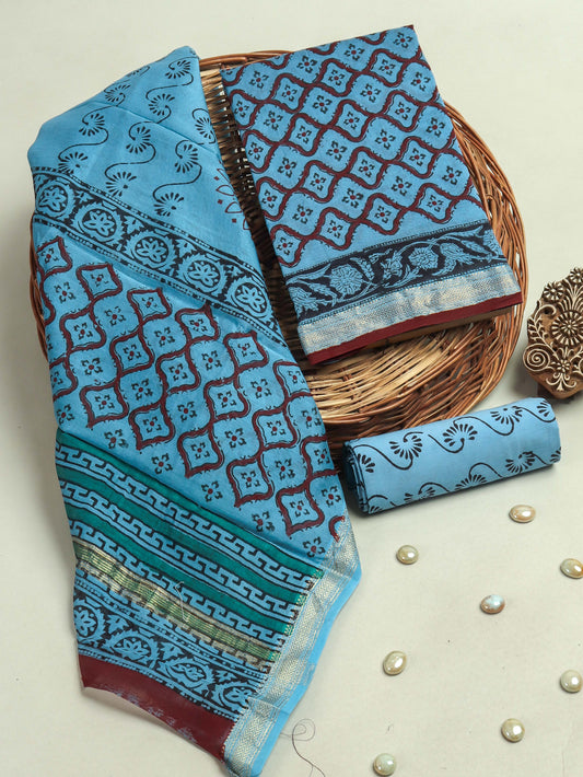 Hand Block Printed Maheshwari Silk Suit with Maheshwari Silk Dupatta