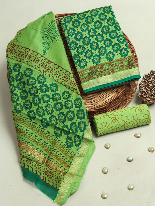 Hand Block Printed Maheshwari Silk Suit with Maheshwari Silk Dupatta