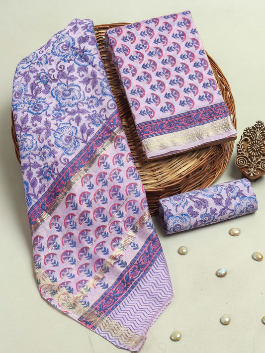 Hand Block Printed Maheshwari Silk Suit with Maheshwari Silk Dupatta