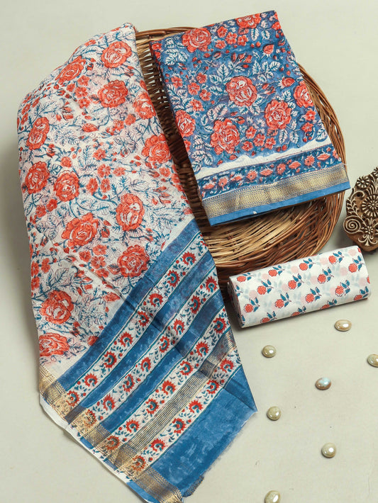 Hand Block Printed Maheshwari Silk Suit with Maheshwari Silk Dupatta