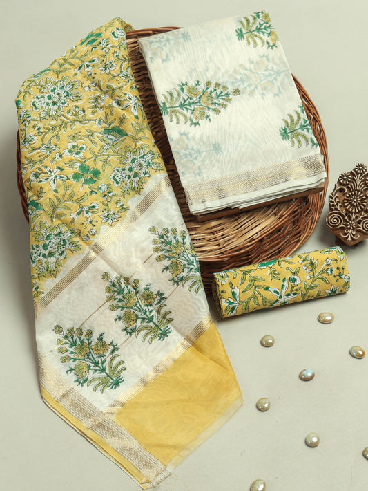Hand Block Printed Maheshwari Silk Suit with Maheshwari Silk Dupatta