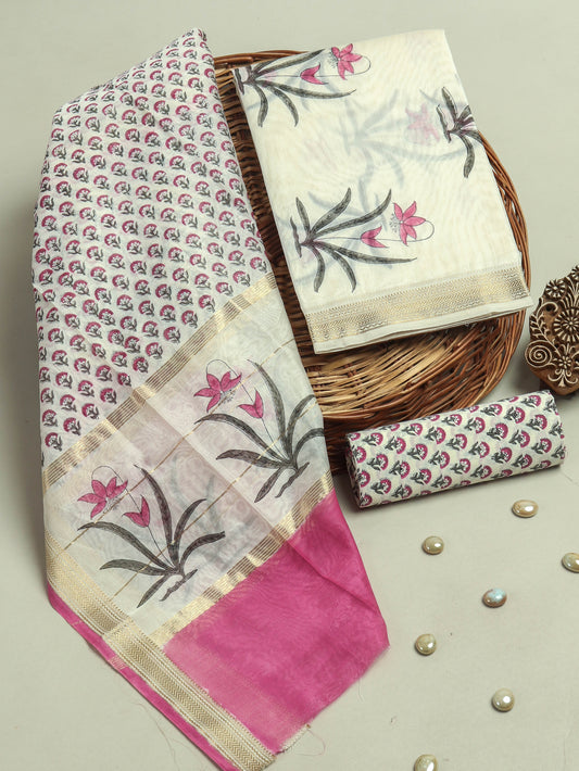 Hand Block Printed Maheshwari Silk Suit with Maheshwari Silk Dupatta