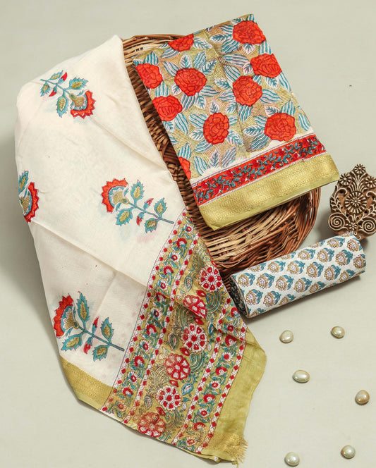 Hand Block Printed Maheshwari Silk Suit with Maheshwari Silk Dupatta