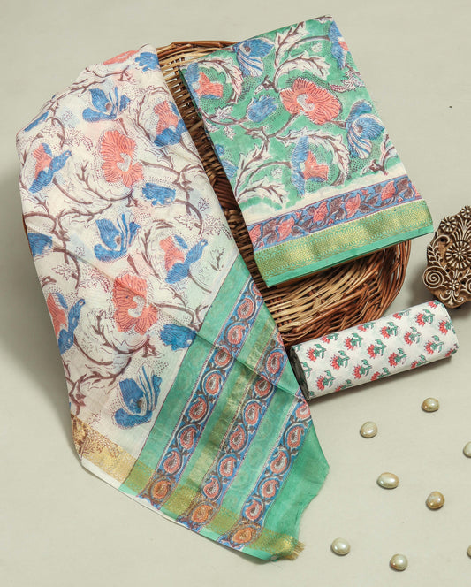 Hand Block Printed Maheshwari Silk Suit with Maheshwari Silk Dupatta