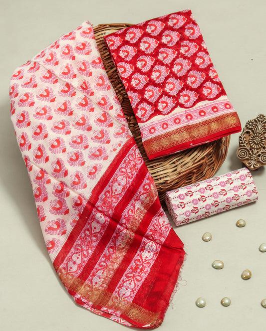 Hand Block Printed Maheshwari Silk Suit with Maheshwari Silk Dupatta