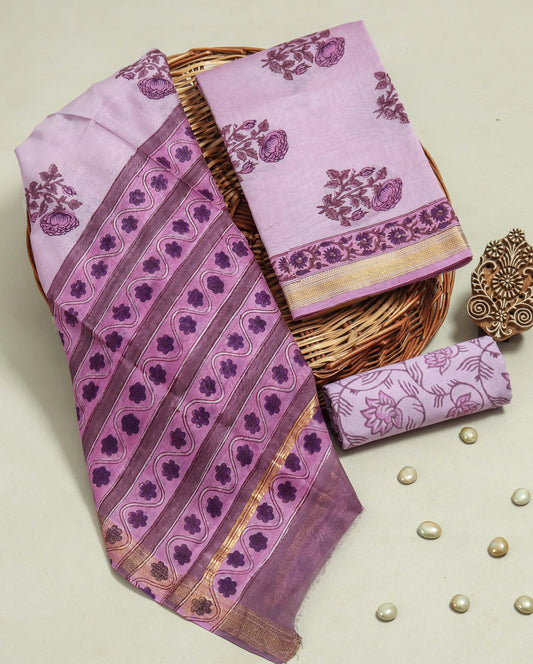 Hand Block Printed Maheshwari Silk Suit with Maheshwari Silk Dupatta