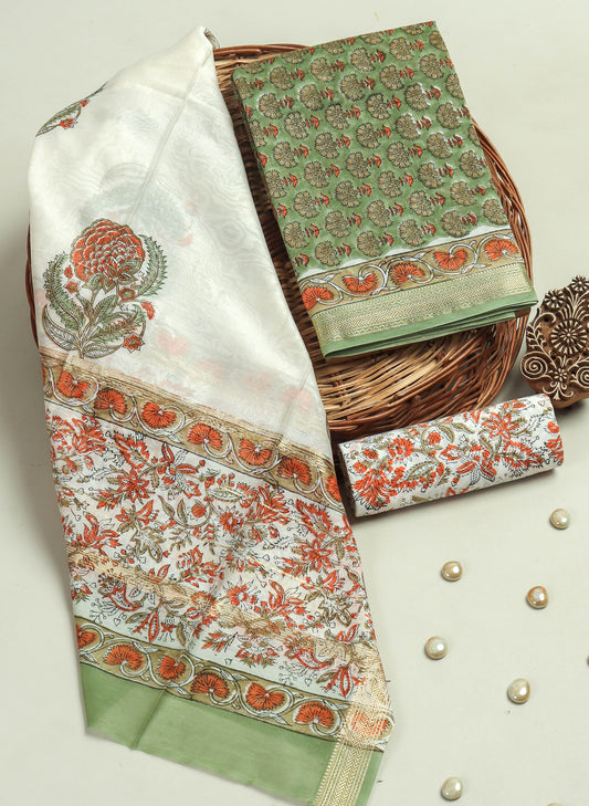 HAND BLOCK Printed Maheshwari Silk Suit with Maheshwari Silk Dupatta
