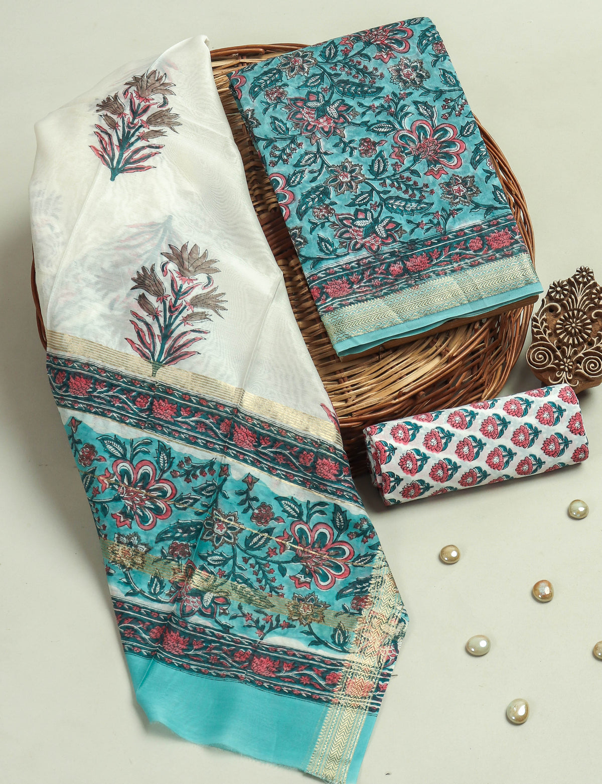 HAND BLOCK Printed Maheshwari Silk Suit with Maheshwari Silk Dupatta